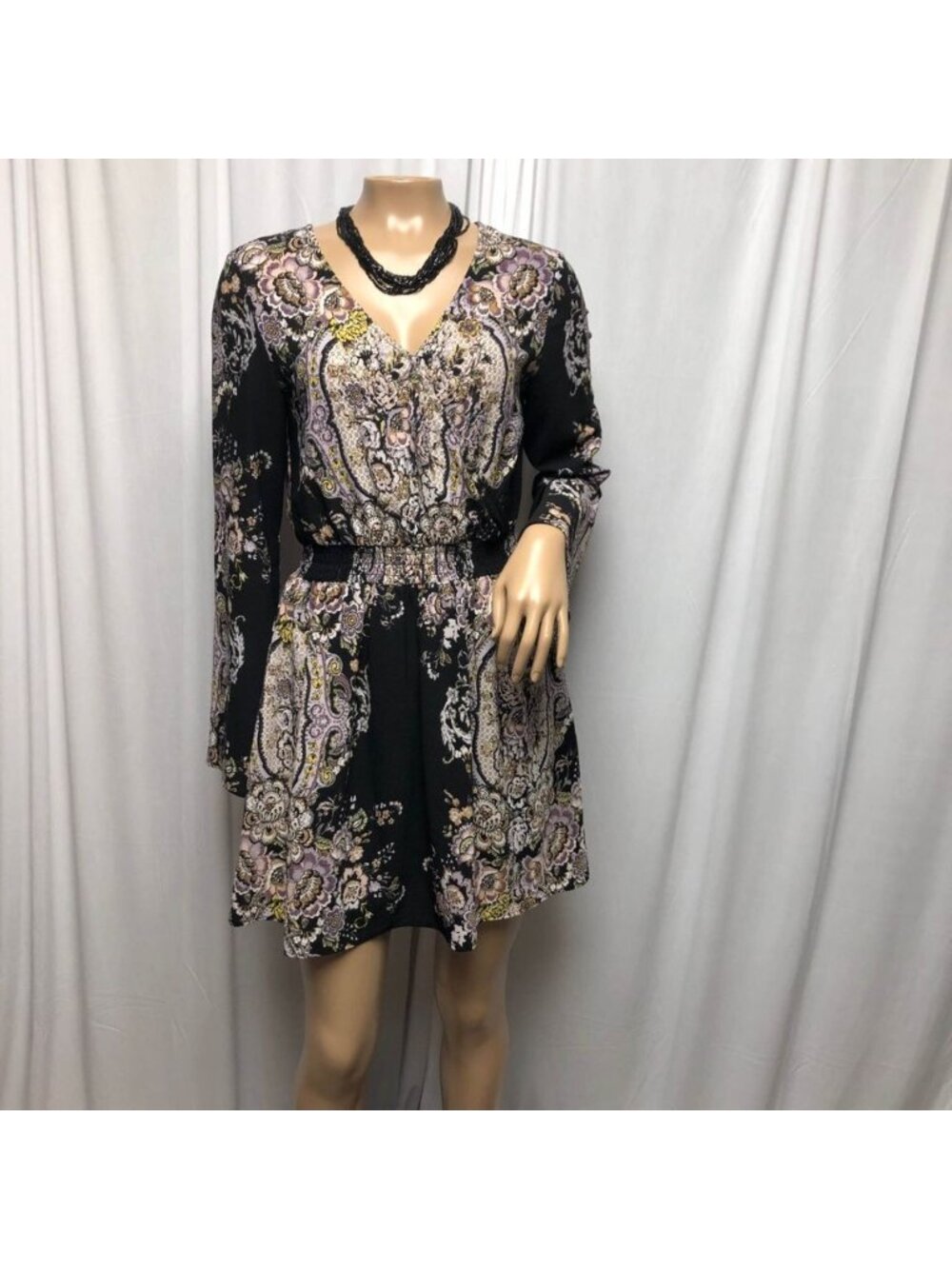 Xhilaration Paisley Boho Mini Dress Womens Size Small Black V Neck Long Sleeve